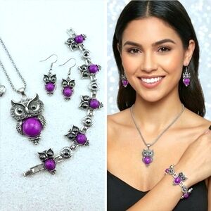 Silver plated black crystal purple stone owl necklace earring Bracelet set